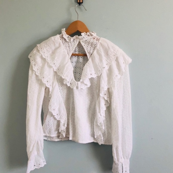 Topshop White Ruffle Eyelet Long Sleeve Blouse - Picture 7 of 10